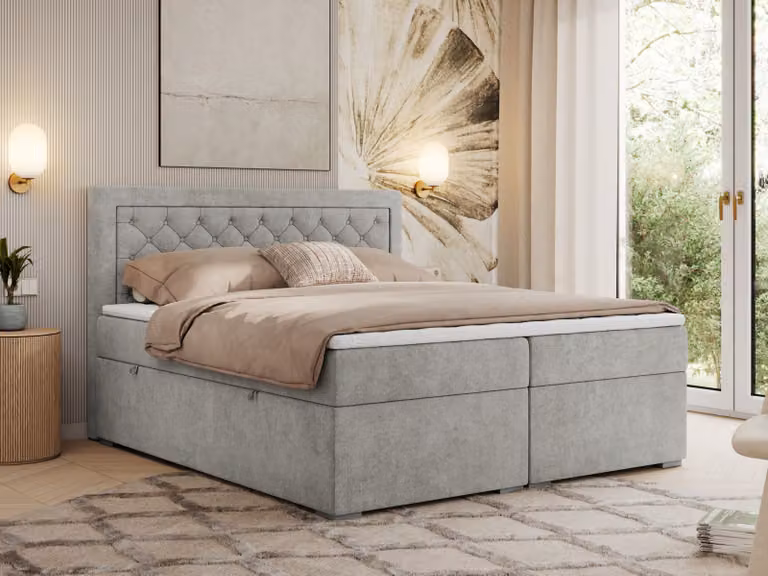 MKS MEBLE Letto boxspring 180x200 con contenitore, letto imbottito 180x200 con materasso H3 e topper, letto boxspring 180x200, letto imbottito 180x200, letto 180x200 con testiera - Grigio chiaro strutturato - H3 - JASIR