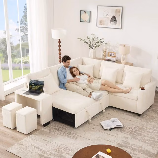 Divano ad angolo convertibile 220 x 205 x 86;5 cm; letto; contenitore; portabicchieri; USB e USB-C; braccioli ampi; cuscini inclusi; beige