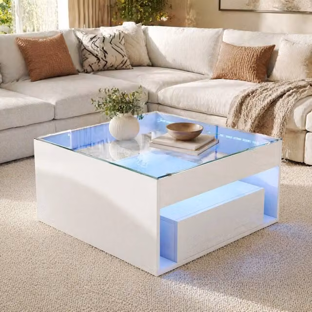 Tavolino da salotto LED in MDF bianco con vetro e 2 cassetti