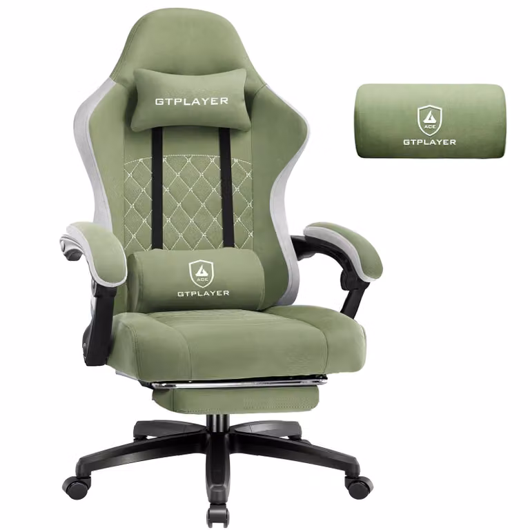 Sedia da gaming GTPLAYER, rivestita in tessuto, con imbottitura a molle, sedia girevole ergonomica, sedia da gaming con poggiapiedi, capacità di carico fino a 150 kg, colore verde