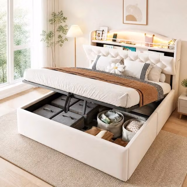 Letto imbottito 140x200 cm con contenitore idraulico, tessuto in velluto beige, illuminazione LED, porte USB e USB-C, contenitore testata e struttura in metallo