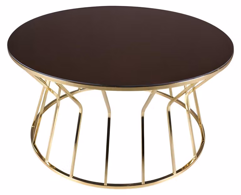 Runder Couchtisch aus Glas mit stabilem Metallgestell in Gold