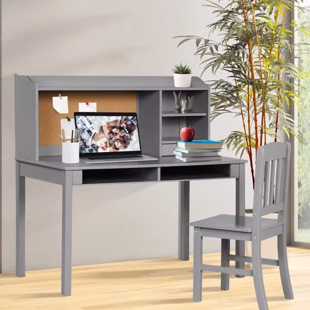 Set Scrivania per Bambini con Sedia e Bacheca in Sughero Tavolo da Studio con Cassetti in Legno e MDF Grigio Robusto per Cameretta