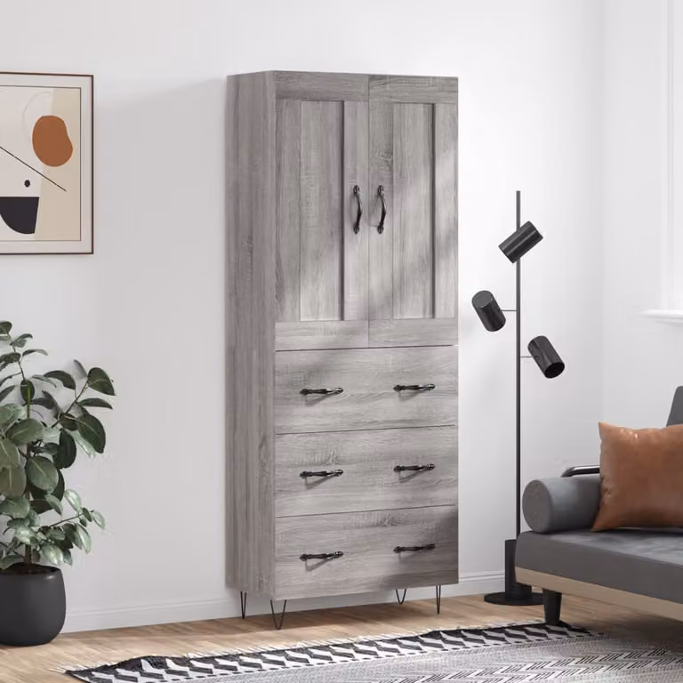 Credenza moderna vidaXL in legno multistrato e metallo, Grigio Sonoma, L: 69,5 cm, P: 34 cm, H: 180 cm