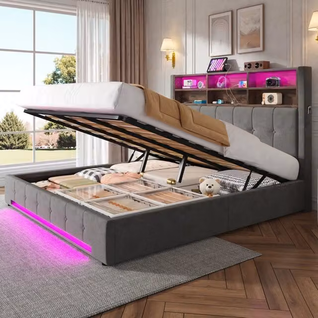 Letto imbottito 180x200 cm idraulico LED USB velluto grigio scuro