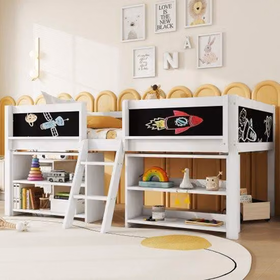 Letto in stile minimalista, 90x200 cm, con diversi cassetti, scaletta, rete a doghe, legno di rovere, senza materasso, bianco