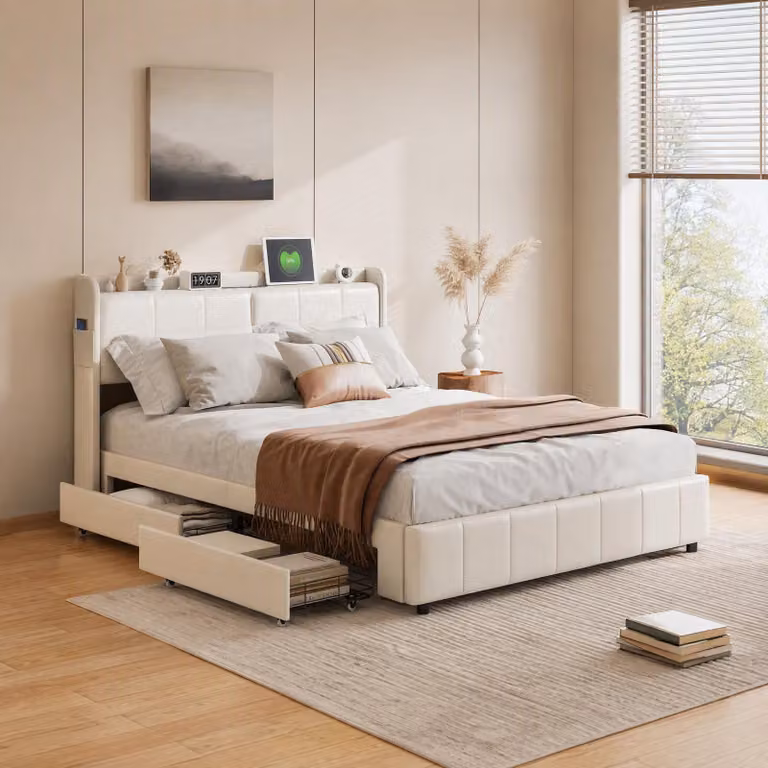 Letto matrimoniale con boxspring 160x200 cm, imbottito con LED e USB, dotato di rete a molle e 4 cassetti, letto contenitore multifunzionale in velluto, color beige.
