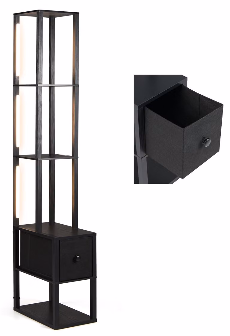 Lampada da terra COSTWAY con luminosità regolabile e tavolino, lampada da terra moderna con ripiani e cassetto, lampada da terra 43,5x26,5x169 cm nera
