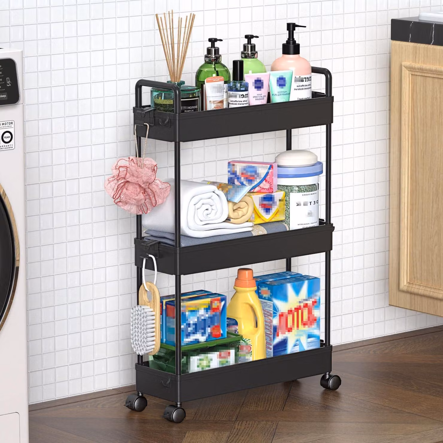 Omgoods - Carrello portaoggetti a 3 ripiani - Organizer mobile intelligente per spazi ristretti