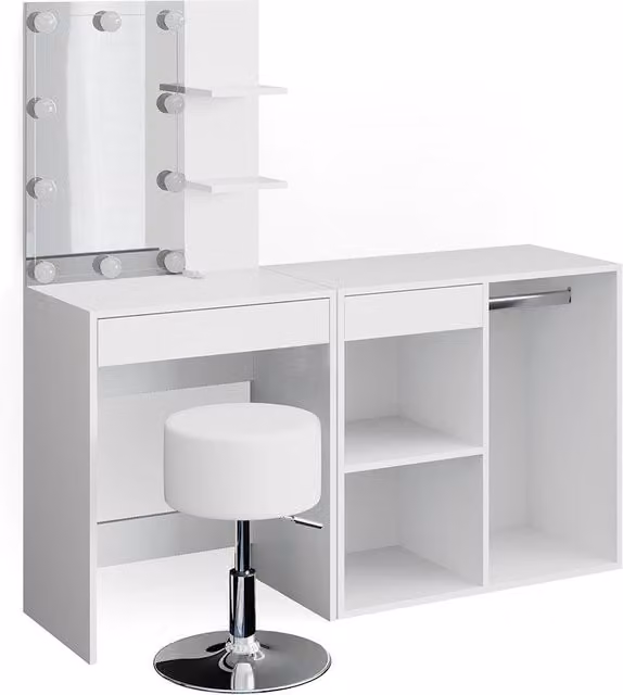 Tavolo da toeletta Isabelle Bianco 140 cm con specchio, catena luminosa LED, sgabello e mobile aggiuntivo Vicco