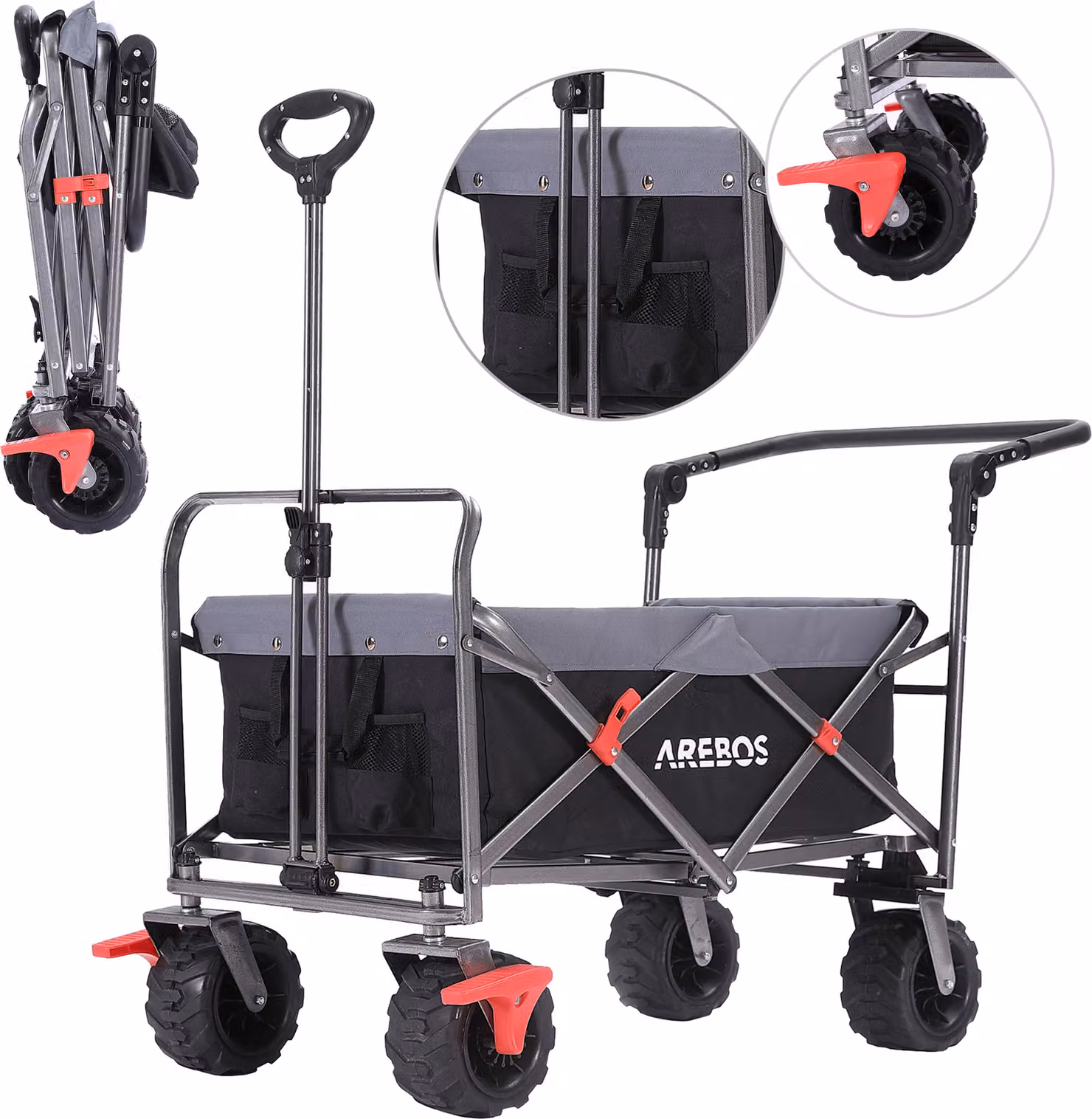 Carrello pieghevole AREBOS - Carrello per trasporto e attrezzature, 2 tasche a rete, nero, 100 kg