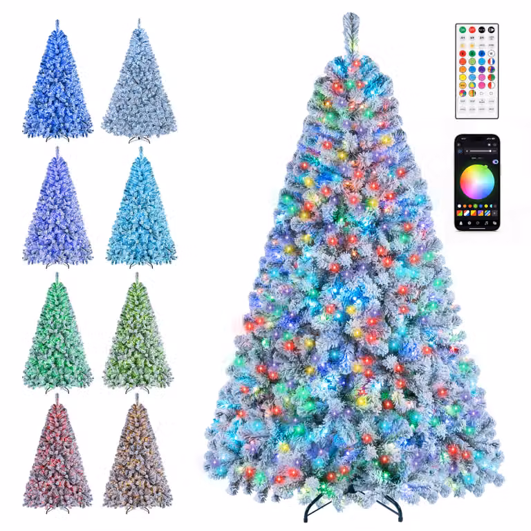 Costway Albero di natale artificiale con luci led rgb 8 modalità dinamiche, Decorazione natalizia pre-illuminato con effetto neve