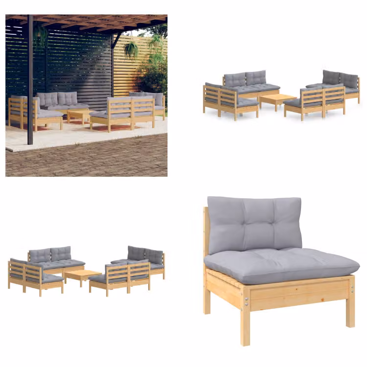 vidaXL set da salotto da giardino 9 pezzi con cuscini grigi in legno di pino - set da salotto da giardino - set da salotto da giardino - set da salotto