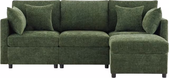 Divano angolare a L modulare 3 posti con pouf mobile, rivestimento in tessuto chenille verde, 4 cuscini inclusi, per soggiorno o ufficio