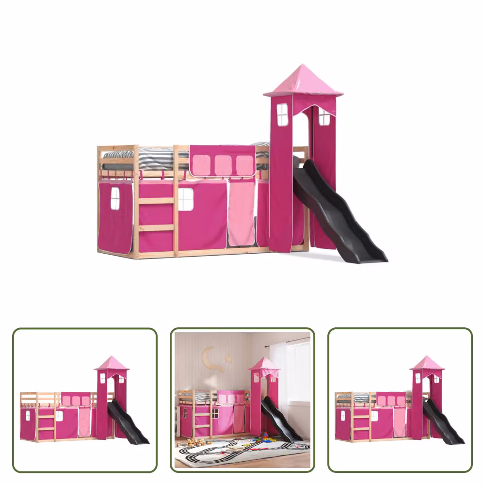 The Living Store Letto a castello con scivolo e tende Rosa 80x200 cm