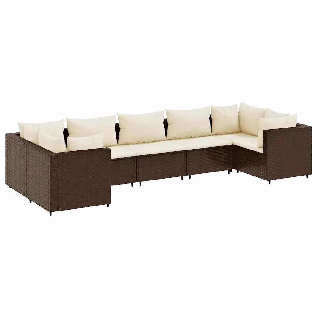 vidaXL Set Divani da Giardino 7 pz a Forma a L con Cuscini in Polyrattan e Telaio in Metallo, Marrone e Bianco – 2