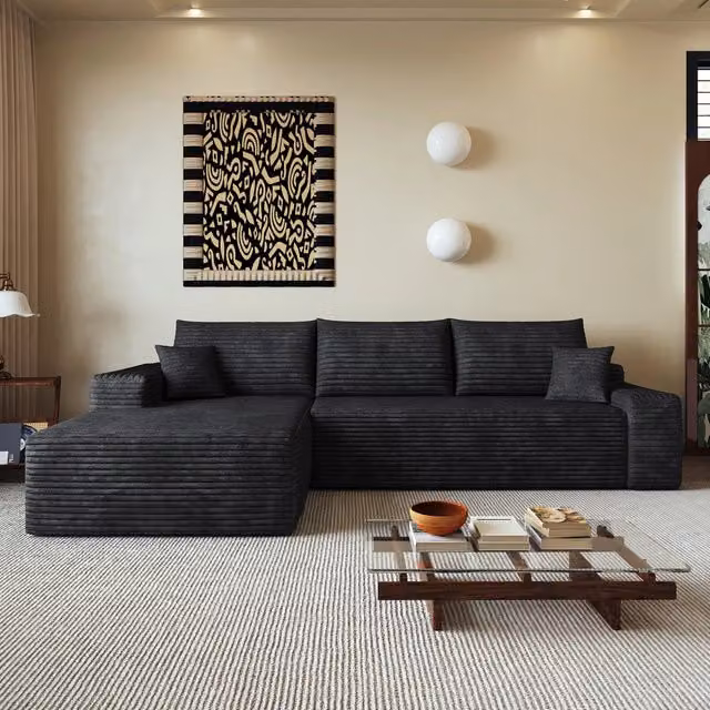 Divano Angolare Modulare Vovees Living Nero in Velluto a Coste con Chaise Longue a Sinistra, 3 Posti, L/P/H: 270 x 175 x 83 cm – 1