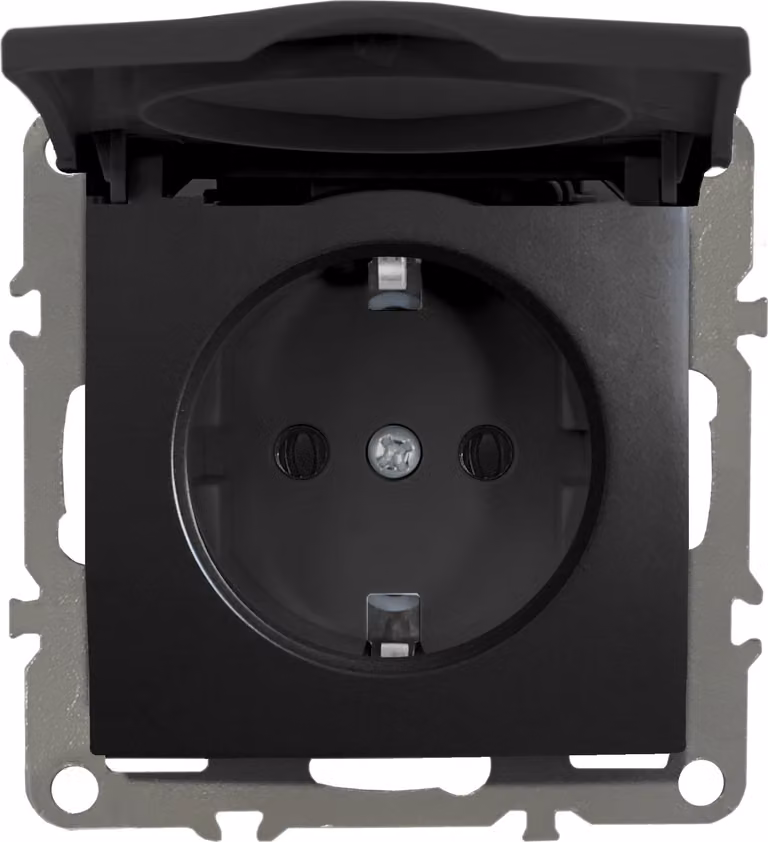 Prese di corrente Schuko 230V con coperchio, serie QUADRA, colore nero