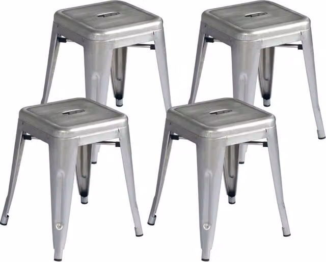Set 4 Sgabelli Impilabili 39x39x46 cm in Lamiera Galvanizzata Silver