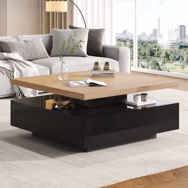 Tavolino basso Mivray con piano girevole a 360 gradi e cassetto nascosto, finitura lucida marrone e nero, L/P/H: 70 x 70 x 36 cm