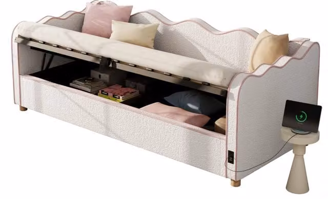Letto imbottito WISHDOR con contenitore idraulico e porte USB e Tipo-C in tessuto bouclé beige, L/P/H: 90 x 200 x 102,5 cm – 1