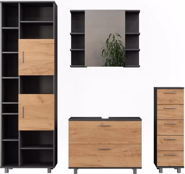 Set di mobili da bagno Ilias Rovere dorato/Antracite 4 pezzi Vicco