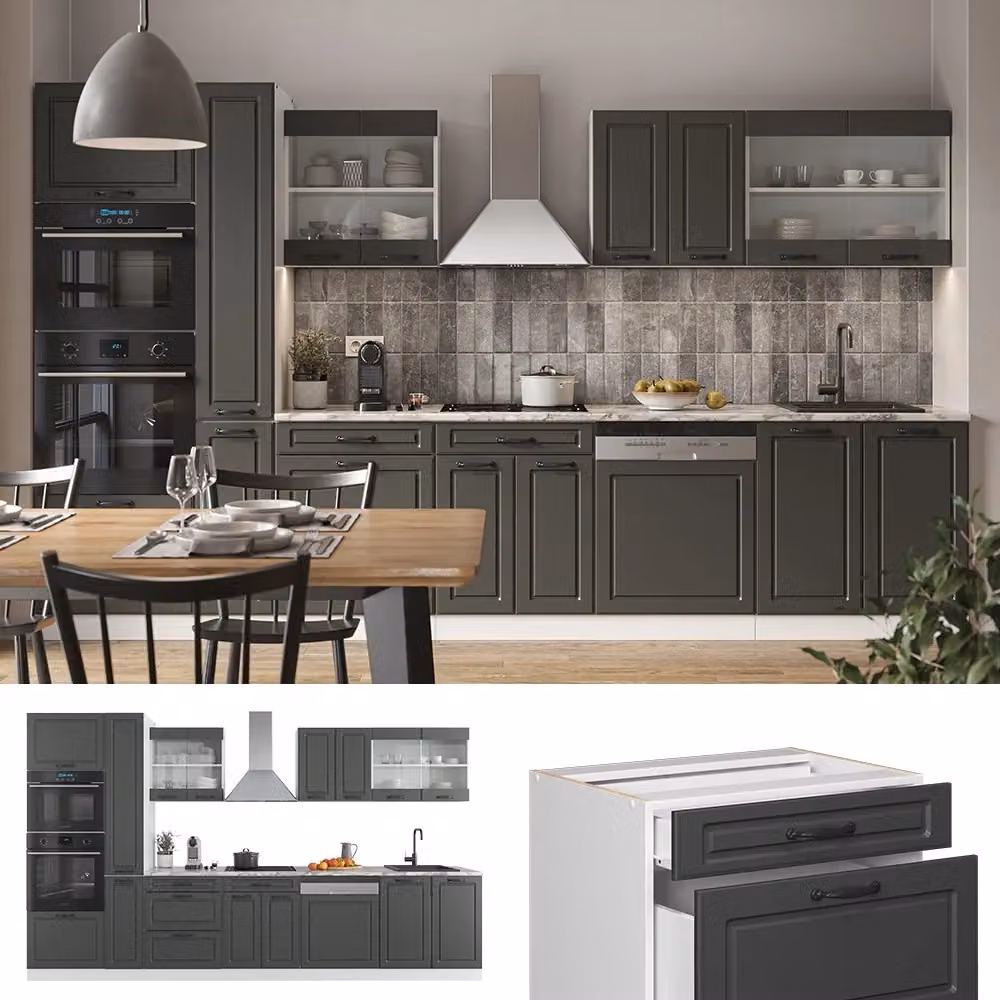 Mobile da cucina Vicco R-Line Antracite e Bianco con armadio alto e ante in vetro, L: 350 cm, H: 206,8 cm, P: 60 cm – 2