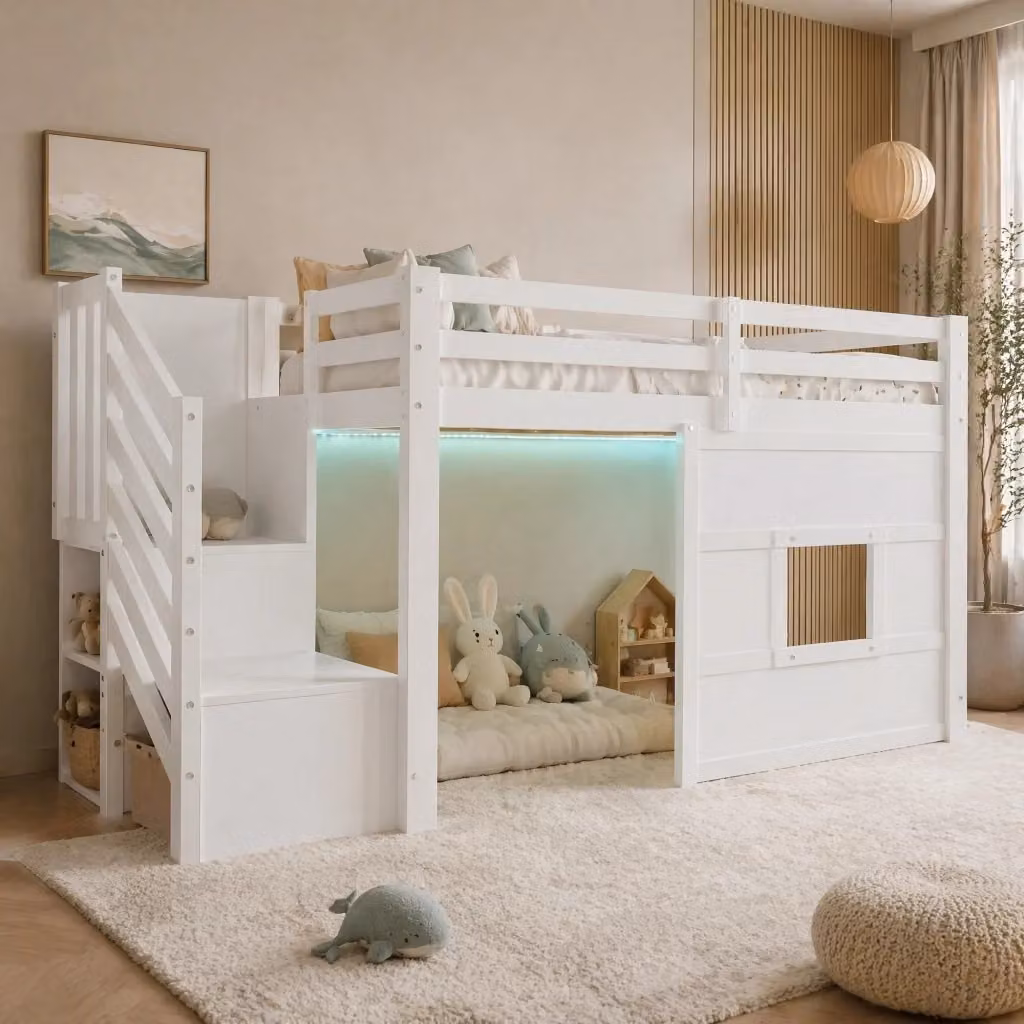 Letto a castello REDOM per bambini in legno e MDF bianco con scala contenitore, vani laterali e illuminazione LED, L/P/H: 200 x 90 x 175 cm – 2