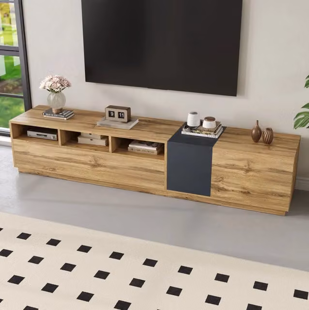 Mobile TV 200x45x45 cm con 3 vani aperti e 3 ante; pannello truciolare nero; grigio e naturale