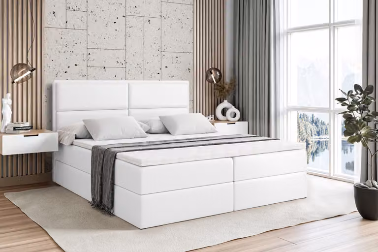 Letto boxspring ALTDECOR con materasso H4 e topper - 140 x 200 cm - AURA - Pelle finta bianca - Letto imbottito con contenitore e rete a doghe, letto con spazio contenitivo