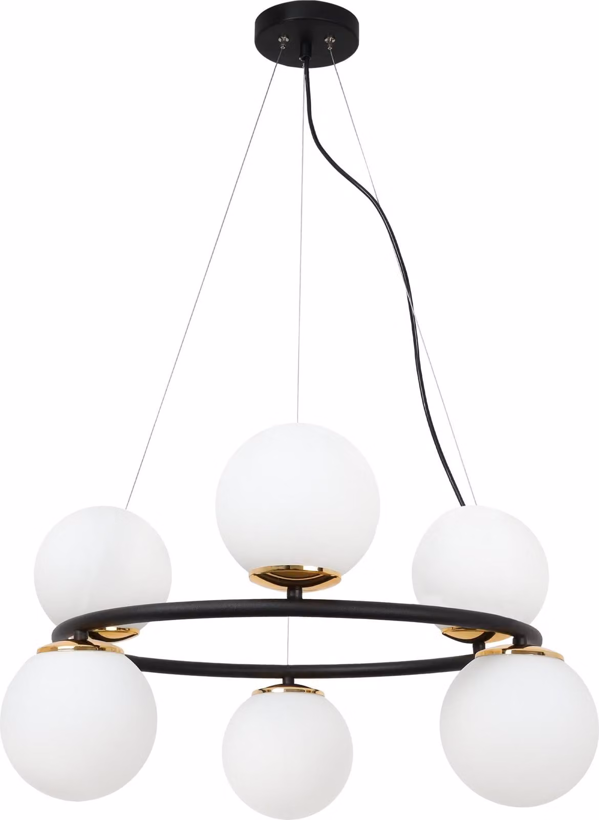 Lampada a sospensione Aura nero-oro 6 luci vetro bianco E14