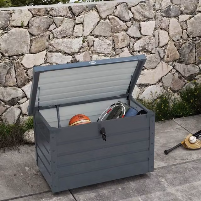 Baule da giardino OKWISH in metallo e plastica grigio antracite con ruote, freni e coperchio bloccabile per terrazza e balcone