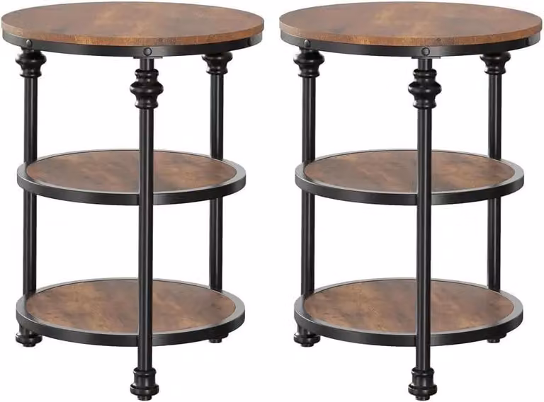 Set di tavolini rotondi - Tavolino da divano a 3 ripiani - Set di 2 tavolini - Struttura in legno - 46x46x60 cm - Design vintage salvaspazio - Marrone
