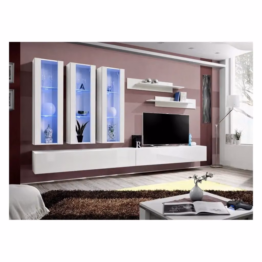 Composizione murale FLY E3 Meublorama - Mobili TV sospesi, vetrine con LED e mensole - Bianco lucido - Design moderno – 2