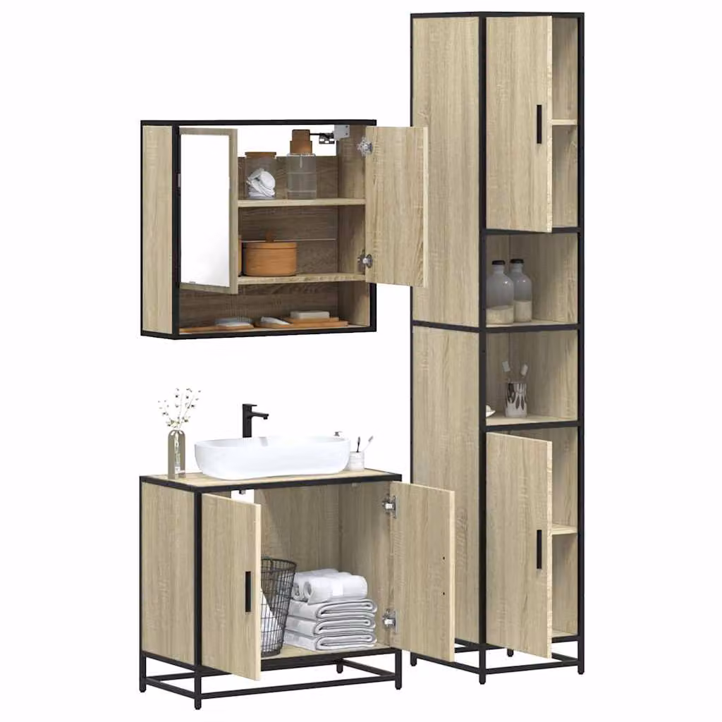 Set di mobili da bagno industrial vidaXL in legno e metallo, 3 pezzi, colore beige e marrone, con armadietto specchio, mobile lavabo e colonna alta – 1