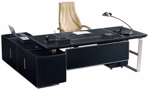 Leder-Eckschreibtisch in Grau mit MDF und Edelstahl, modern
