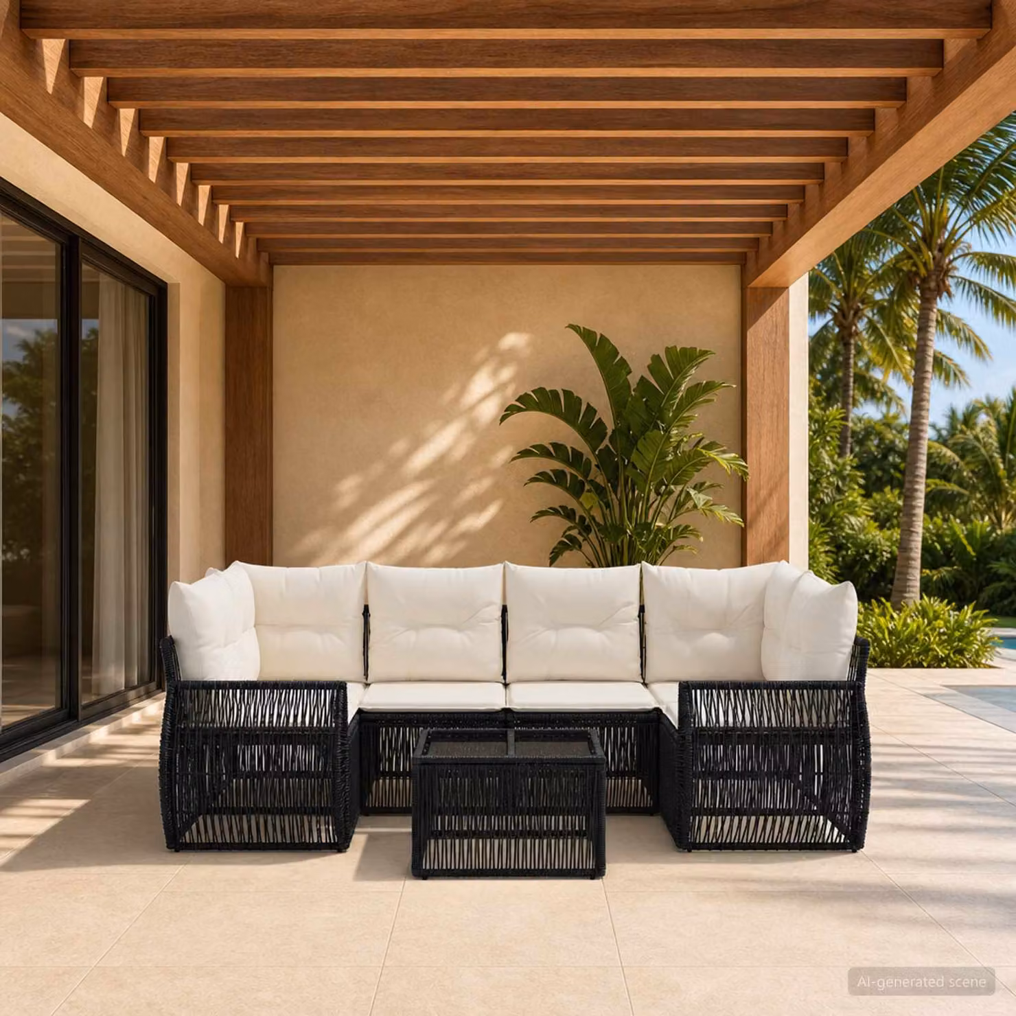 Set Divano da Giardino vidaXL 7 pz Nero in Polyrattan con Cuscini e Tavolino da Esterno a Forma di U