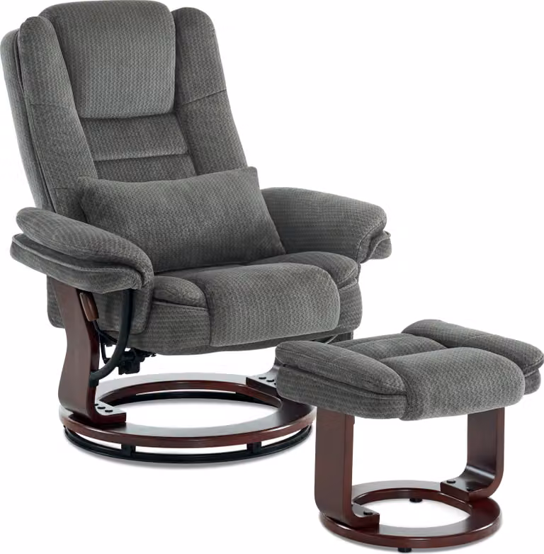 Poltrona relax con funzione reclinabile, poltrona TV girevole a 360° con sgabello, poltrona TV per soggiorno con portata fino a 120 kg, con cuscino e tasca laterale, comoda poltrona da lettura, 9099 (tessuto grigio)