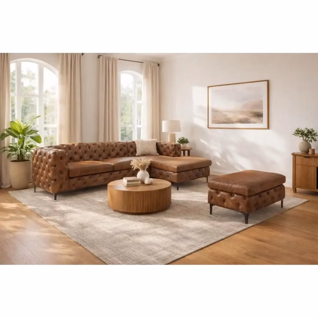 Divano ad angolo VELENA Meublorama marrone con pouf in stile barocco, rivestimento in microfibra e struttura in legno e metallo, L/P/H: 223 x 118 x 72 cm – 2