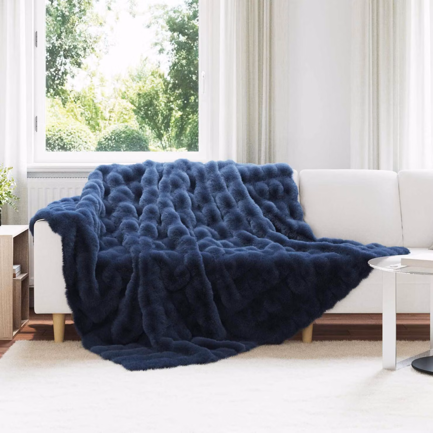 Coperta antiscivolo vidaXL in ecopelliccia di coniglio blu marino L: 240 cm, P: 220 cm