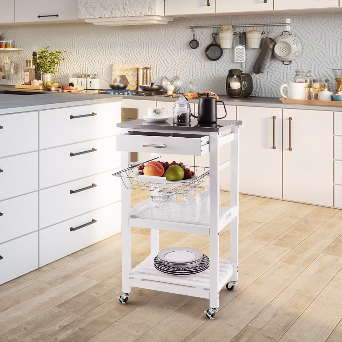 Carrello da cucina Isola Costway a 4 livelli con piano in acciaio inox e vassoio rimovibile, Bianco