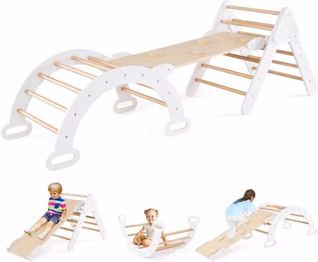 Set di 3 giocattoli da arrampicata Design Mania in legno per bambini dai 1 ai 3 anni con triangolo, arco e scivolo, colore bianco