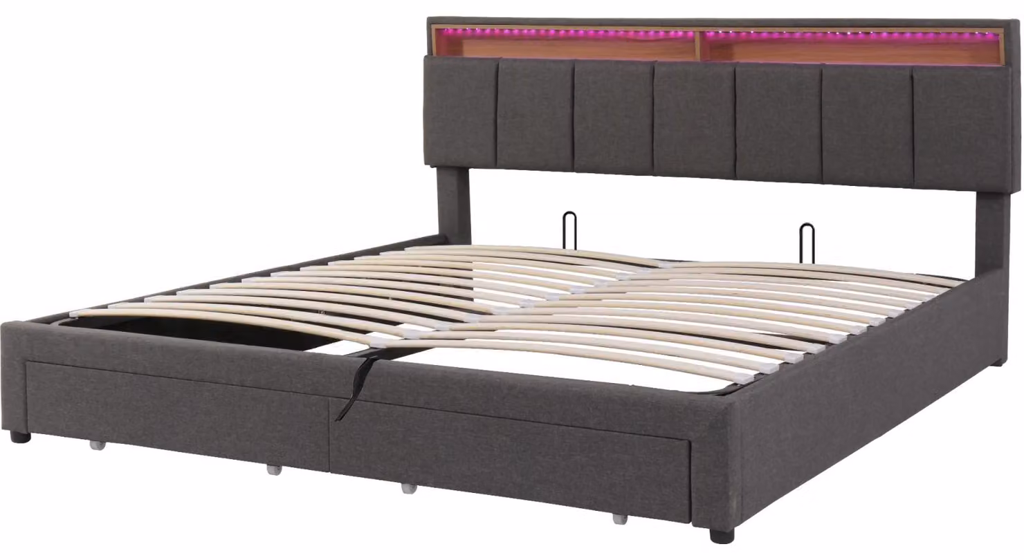 Letto imbottito - 160 x 200 cm - 2 cassetti - Illuminazione LED - Testiera con spazio contenitivo - Grigio scuro