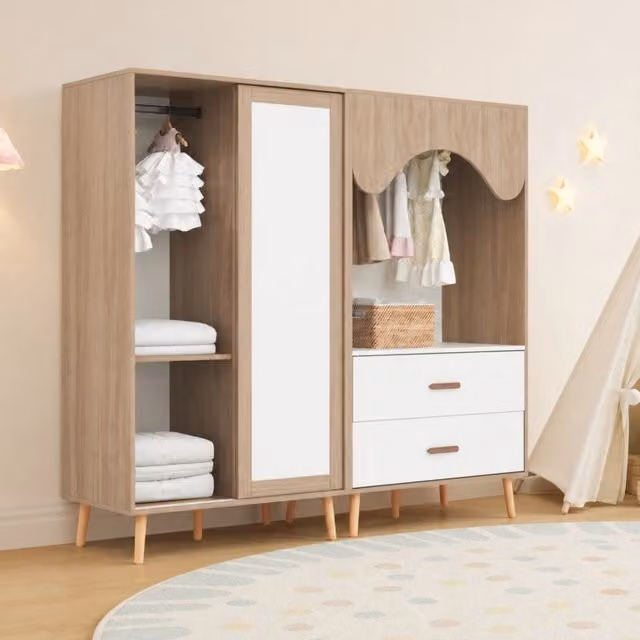 Armadio bambini combinato; ante scorrevoli; guardaroba aperto; cassetti; per la casa moderna; pratico; bianco e effetto legno naturale