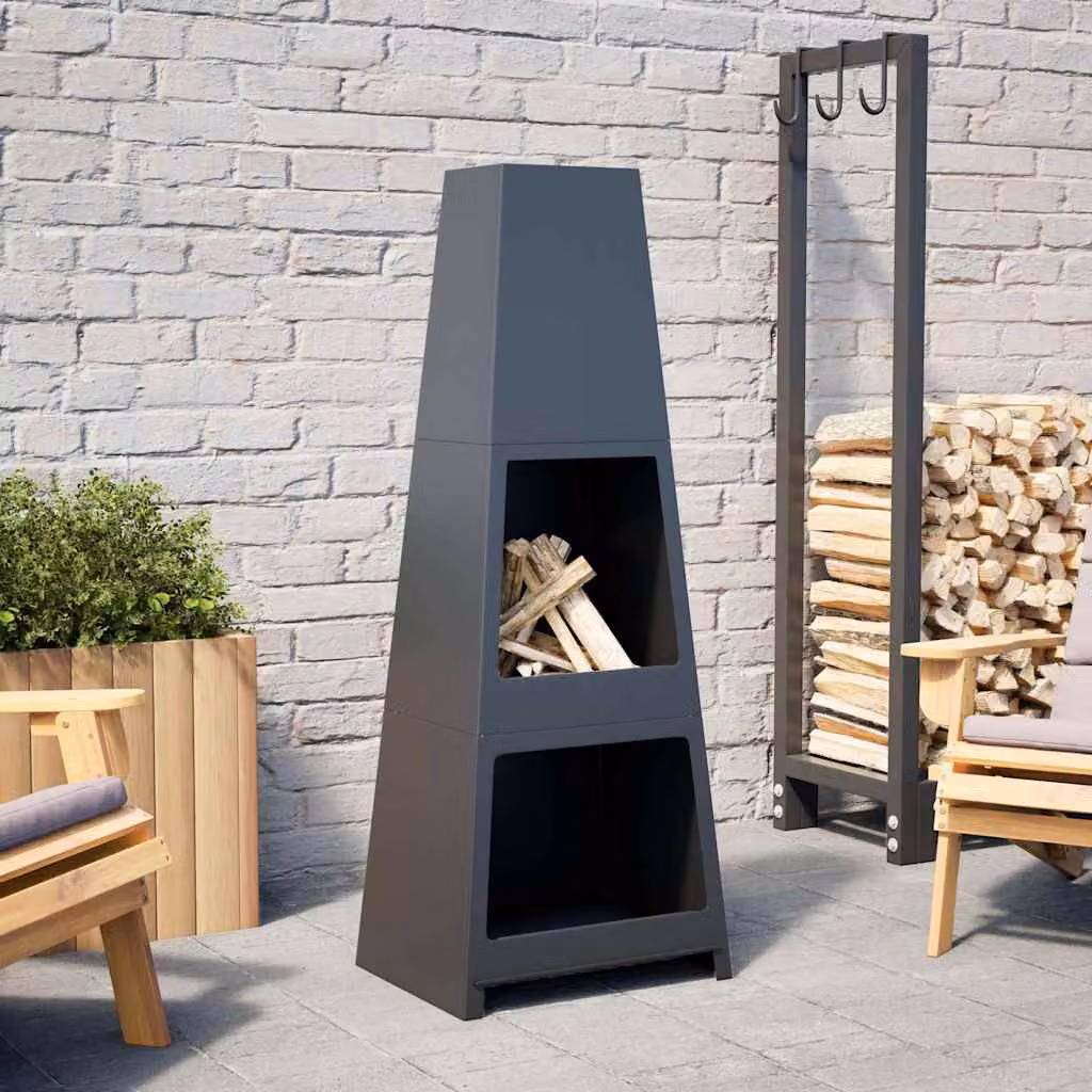 vidaXL Caminetto da Esterno Design Torre con Deposito Tronchi in Acciaio Nero, H: 121 cm, L: 46 cm, P: 36 cm
