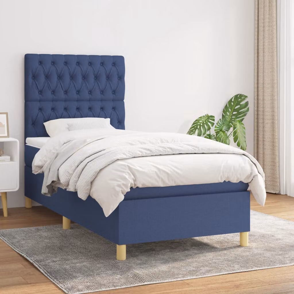 vidaXL Letto Ibrido con Giroletto a Molle e Materasso con Tasche Individuali, Blu e Bianco, L/P/H: 90 x 200 x 128 cm