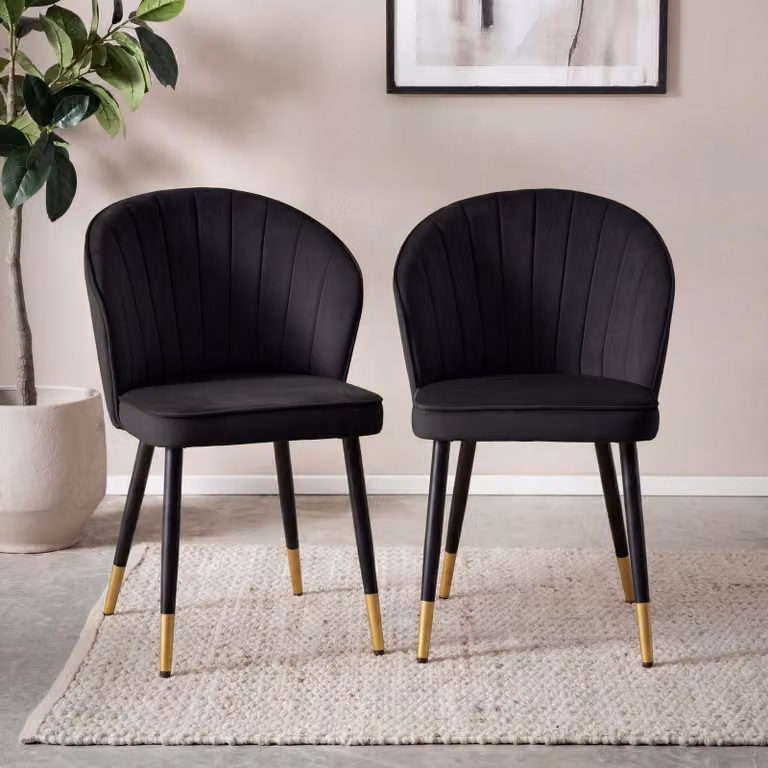 FineBuy, set di 2 sedie da pranzo in velluto nero, ideali per la cucina, con gambe in metallo, design scandinavo, imbottite, rivestite in tessuto