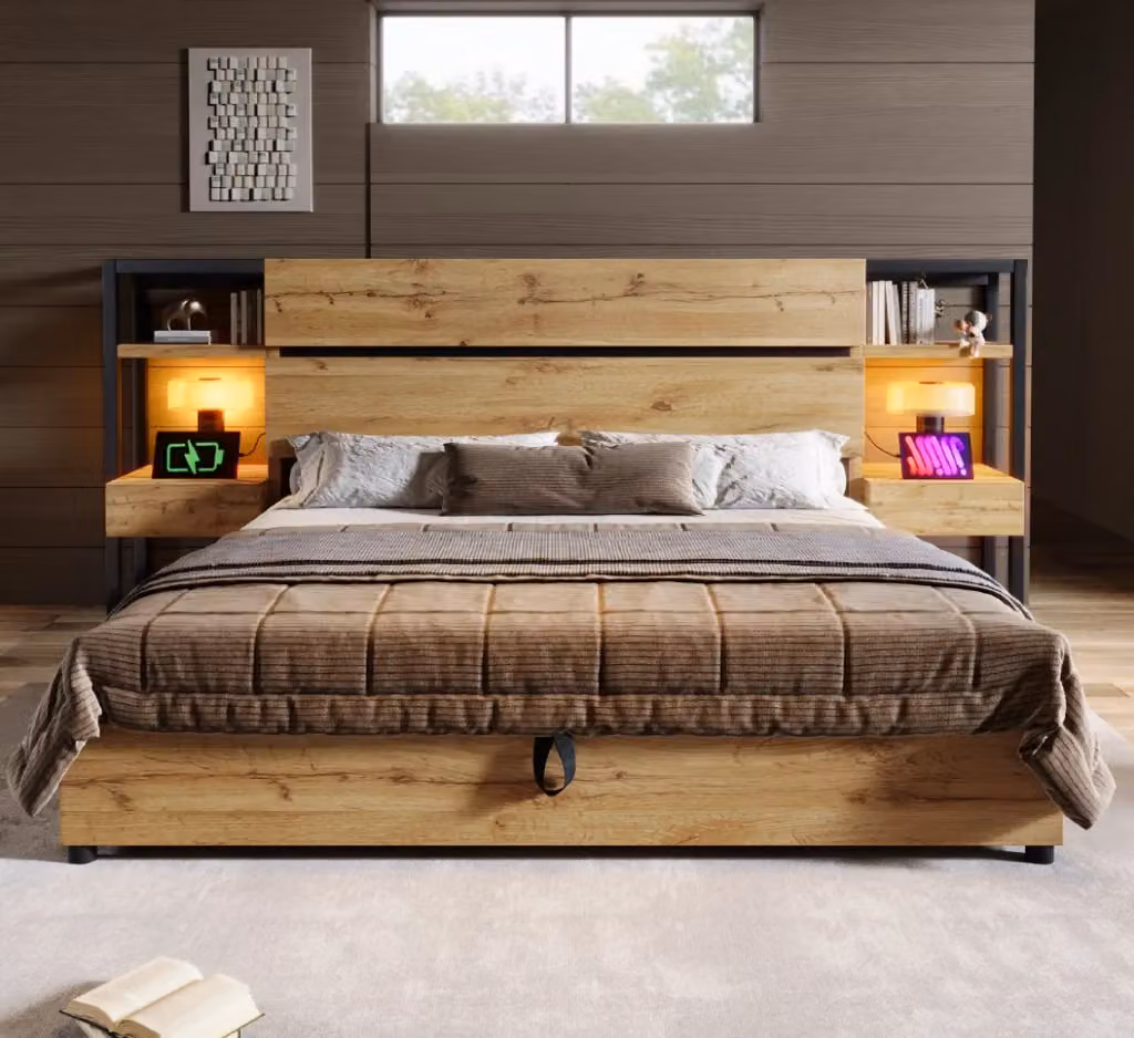 Letto contenitore Mivray con testiera a cassetti, stazioni di ricarica USB e Type-C, in MDF e metallo color rovere, L/P: 160 x 200 cm – 2