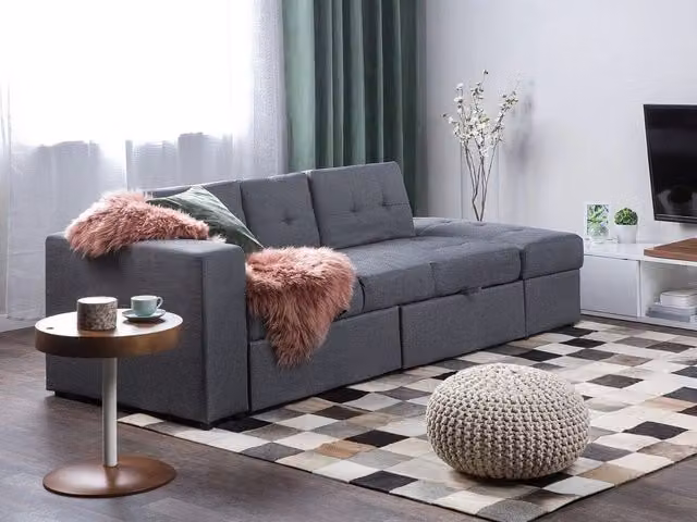 Divano letto componibile ottomana contenitore grigio scuro cassetti estraibili Click Clack vassoio ribaltabile portabicchieri