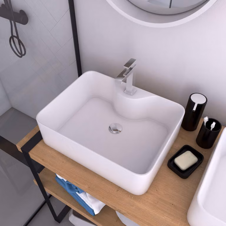 Lavabo in Vetroceramica, forma rettangolare, dimensioni 48x37x13,5 cm